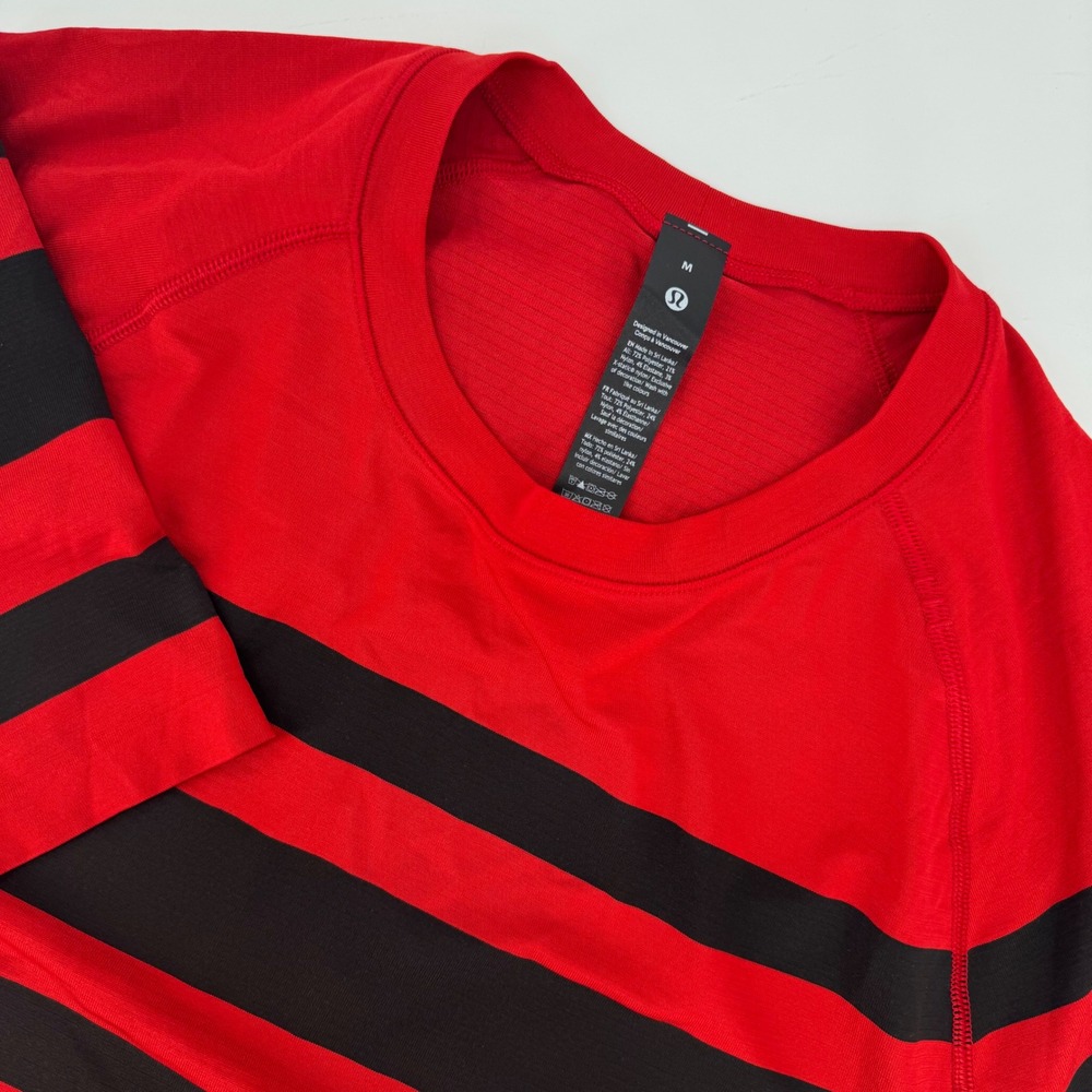 Lululemon Metal Vent Tech Short Sleeve Red Black Striped Mens Shirt M LM3GDSS